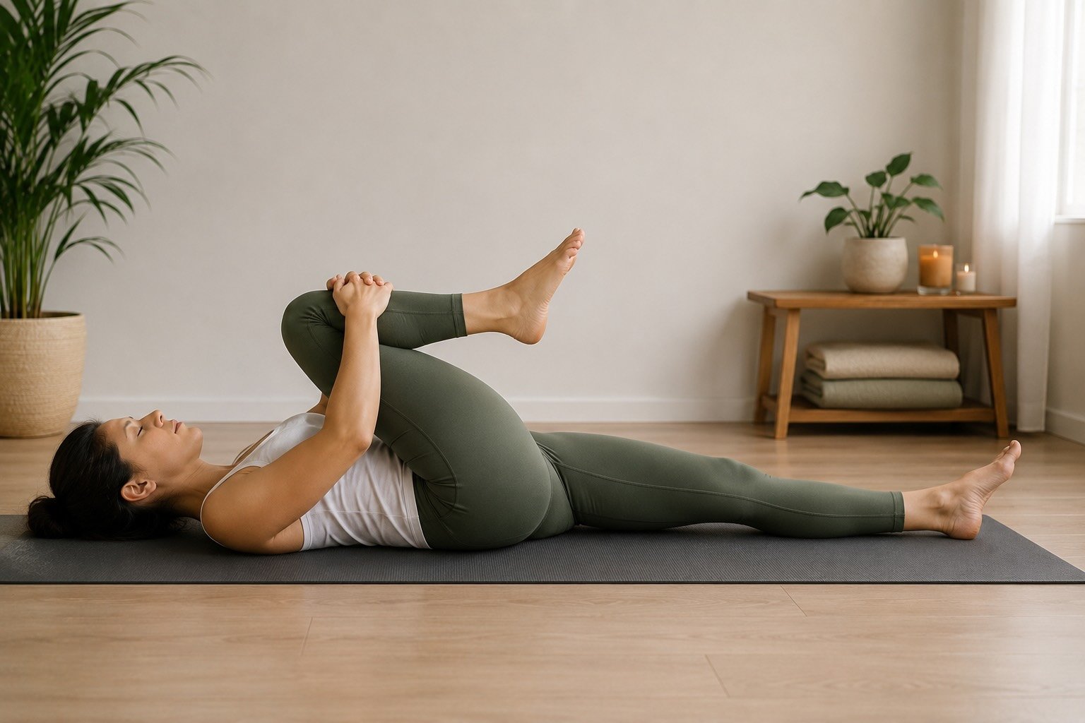Woman practicing Knee-to-Forehead yoga pose (Apanasana variation) on a yoga mat in a peaceful minimalist studio.