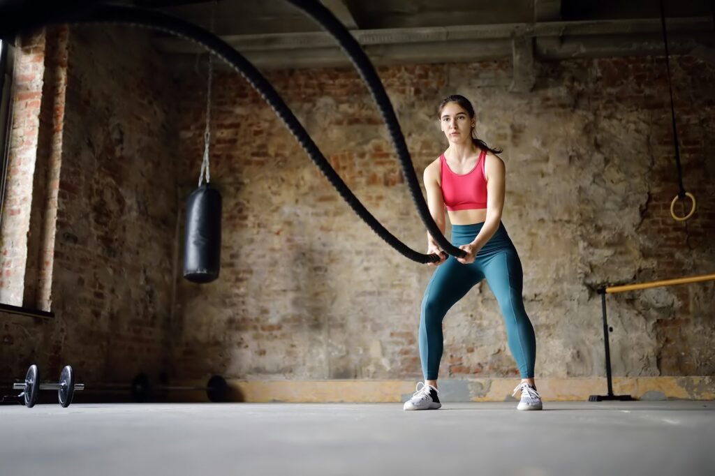 Young woman exercising with battle ropes at the gym. Strong female athlete doing crossfit workout