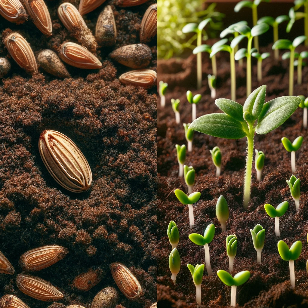 Here is the image showing the difference between a seed and seedlings. On the left, there is a single seed lying on the soil, while on the right, several seedlings with green leaves are emerging from the soil at various stages of early growth. The background is a natural setting with soil, sunlight, and scattered leaves. seeds vs seedlings