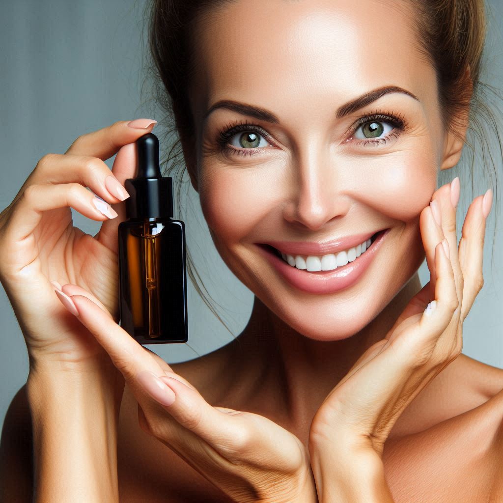 How to Create a Simple Anti-Aging Skincare Routine 5 an image of a 40 year old women with bright eyes and a smile holding a bottle of facial serum loving her skin how that she discovered the perfect product