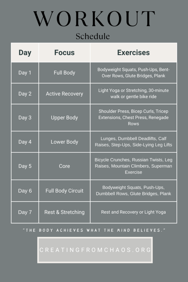 Weekly workout schedule with exercises