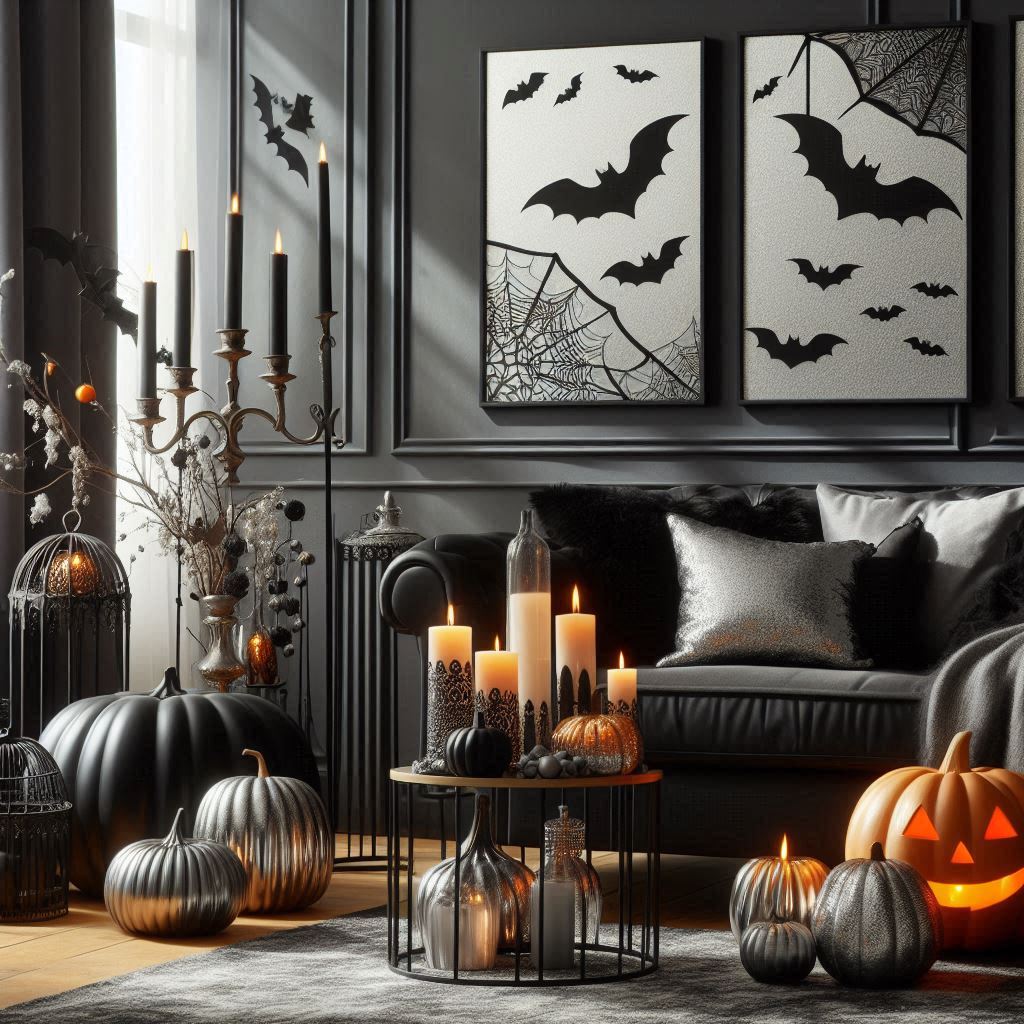 Hauntingly Chic Halloween DIY Decor Ideas 2 Chic living room adorned with black pumpkin, silver patterns, cobwebs on candle holders, orange candles, and shadowy bat silhouettes.