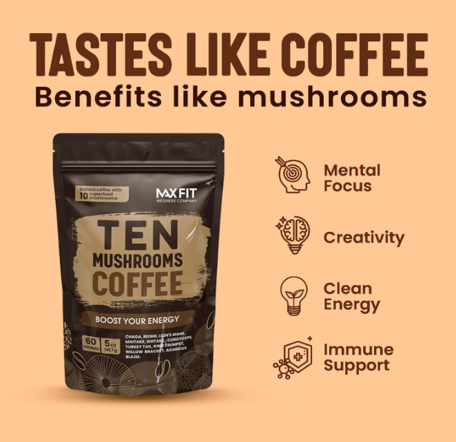5 Mushroom Coffees That Transform Your Morning Routine 4 MaxFit Organic Mushroom Coffee benefits mental focus, creativity, clean energy and immune support