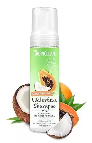 TropiClean No Rinse Waterless Dog Shampoo | Detangling & Deodorizing Dry Shampoo for Smelly Pets | Moisturizes Dry Skin | USA Made | Papaya Scent | 7.4oz
