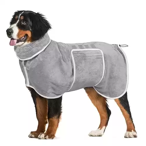 Dog Bathrobe Towel Dog Drying Coat - Super Absorbent Dog Towels Bath Robe for Drying Dogs Large, Soft Adjustable Collar & Belly Strap Fast Drying Coat Pet Dog Cat Bath Robe Towel (Grey, Large)