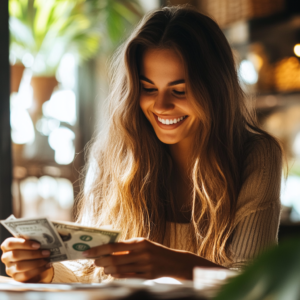 Woman counting money with joy.
