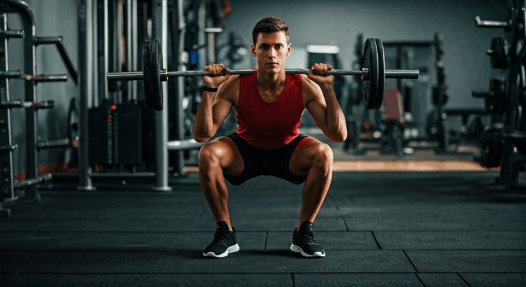 Young man squatting with barbell