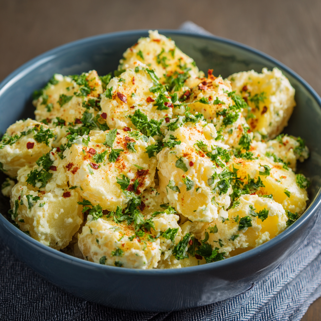 Bowl of potato salad made with cooled cooked potatoes.
