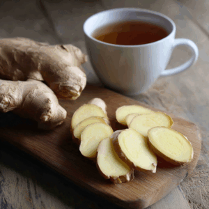 Fresh ginger root sliced on a cutting board, with a cup of ginger tea.