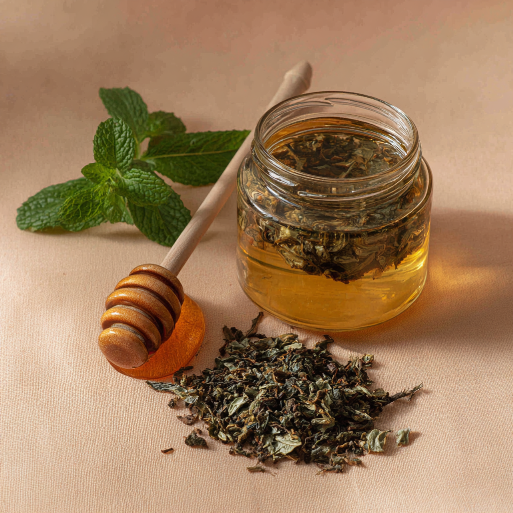 Peppermint tea with loose leaves and a small honey jar.