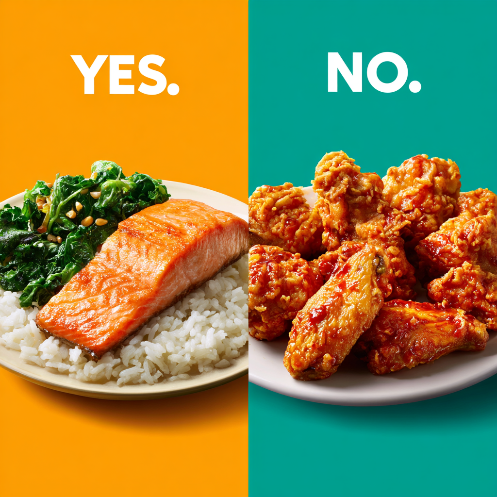 “YES” foods (salmon, greens, rice) vs. “NO” foods (fried chicken, soda, spicy wings).