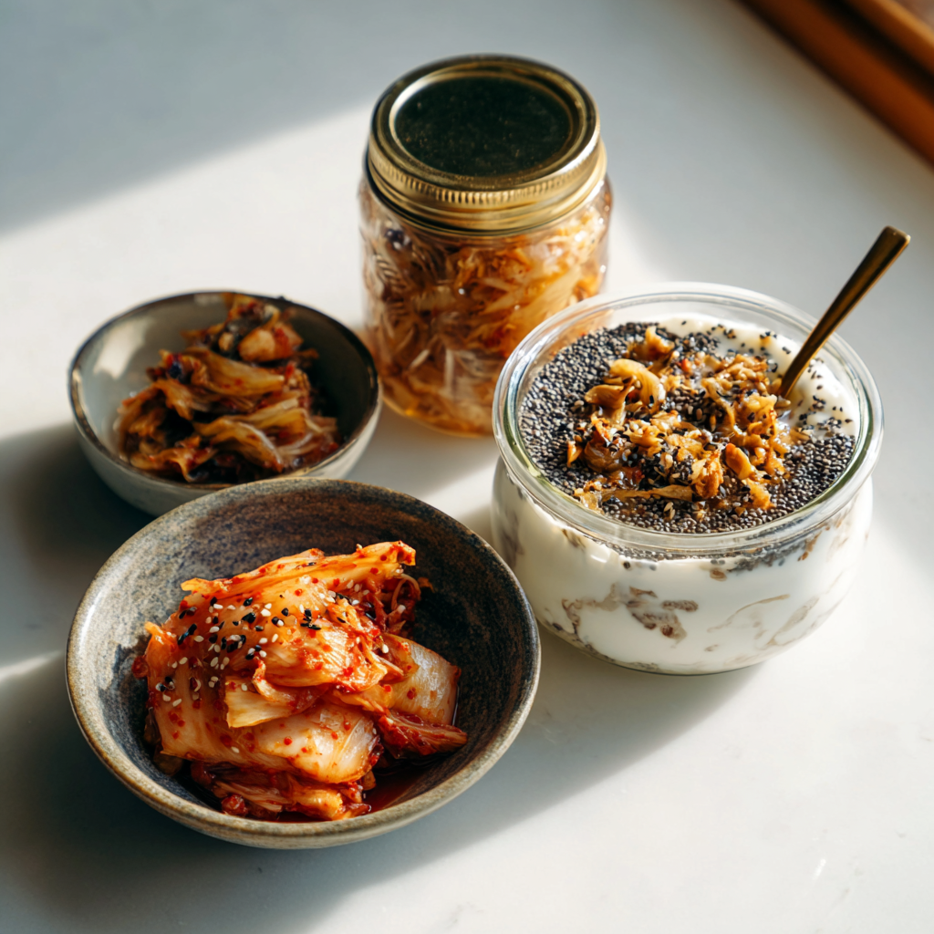 Yogurt bowl with chia seeds, sauerkraut in a jar, and kimchi in a dish.