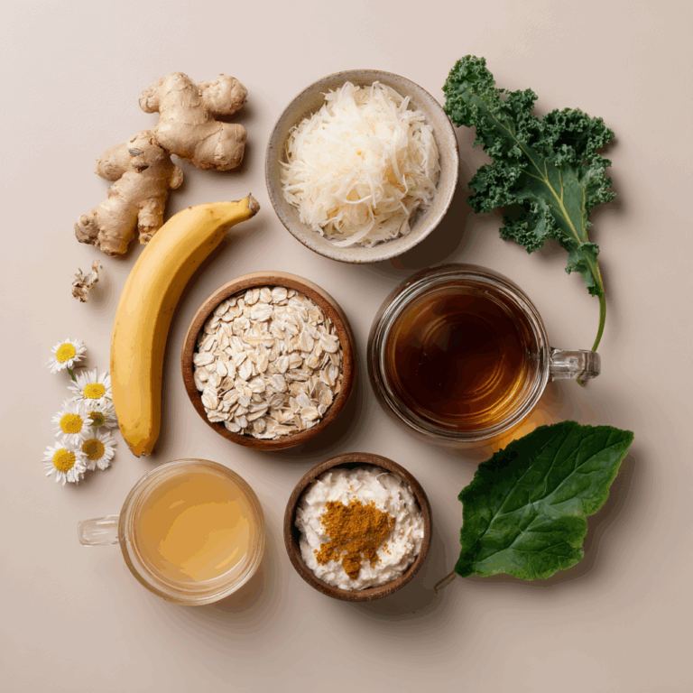 Aesthetic spread of ginger, bananas, sauerkraut, kombucha, oatmeal, chamomile tea, and leafy greens on a neutral background.