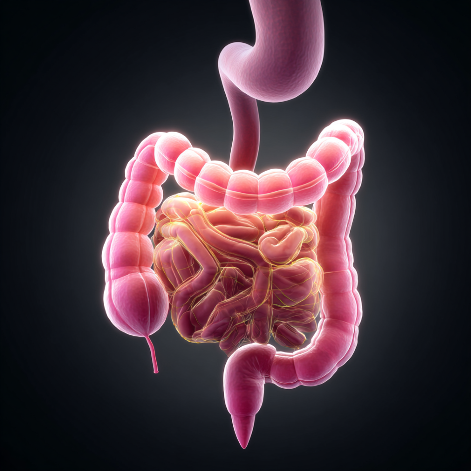 Clean, simple visual showing the stomach, small intestine, large intestine—great for visual learners.
