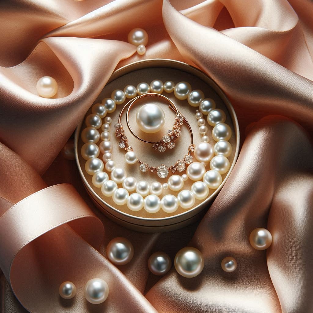 Rococo-inspired accessories including pearls, satin, and ribbon details
