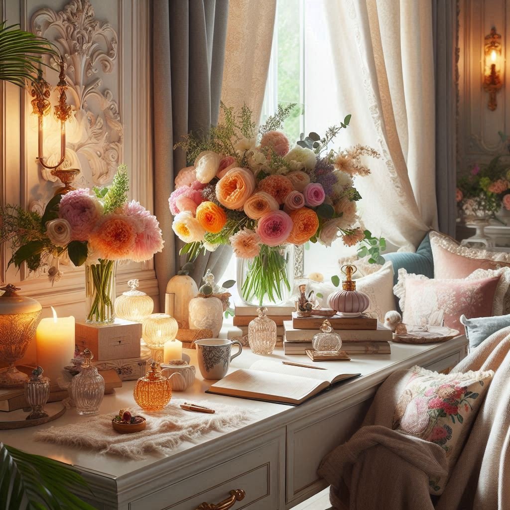 an office decorated with Rococo inspired fabrics, colors, femanine feel and most importantly romantic