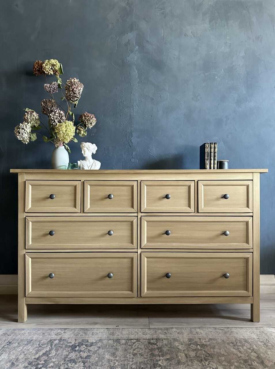 A large dresser with the Pottery Barn Driftwood Finish
