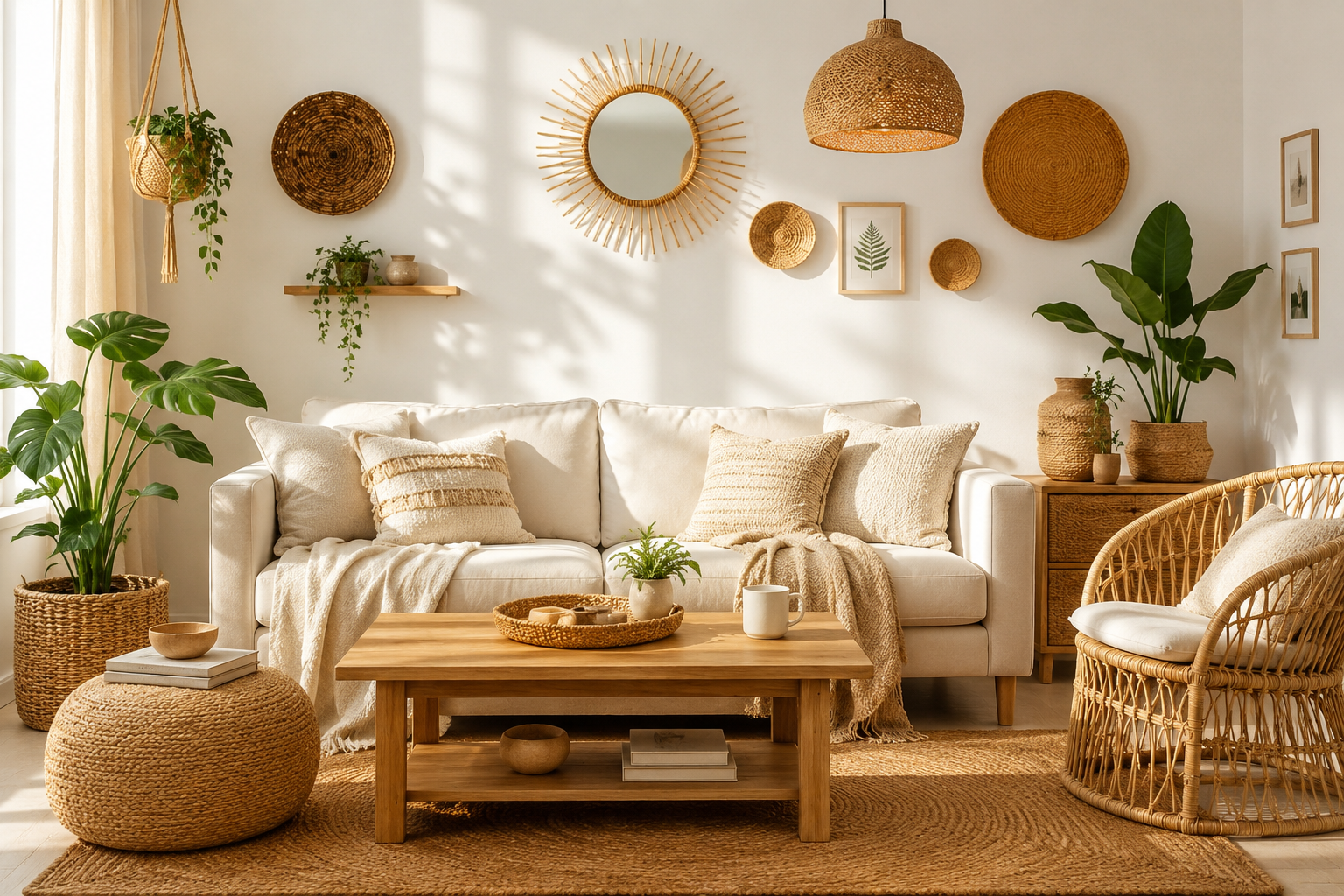 Sunlit boho living room featuring a cream sofa, woven wall d&eacute;cor, rattan furniture, indoor plants, and warm neutral tones.