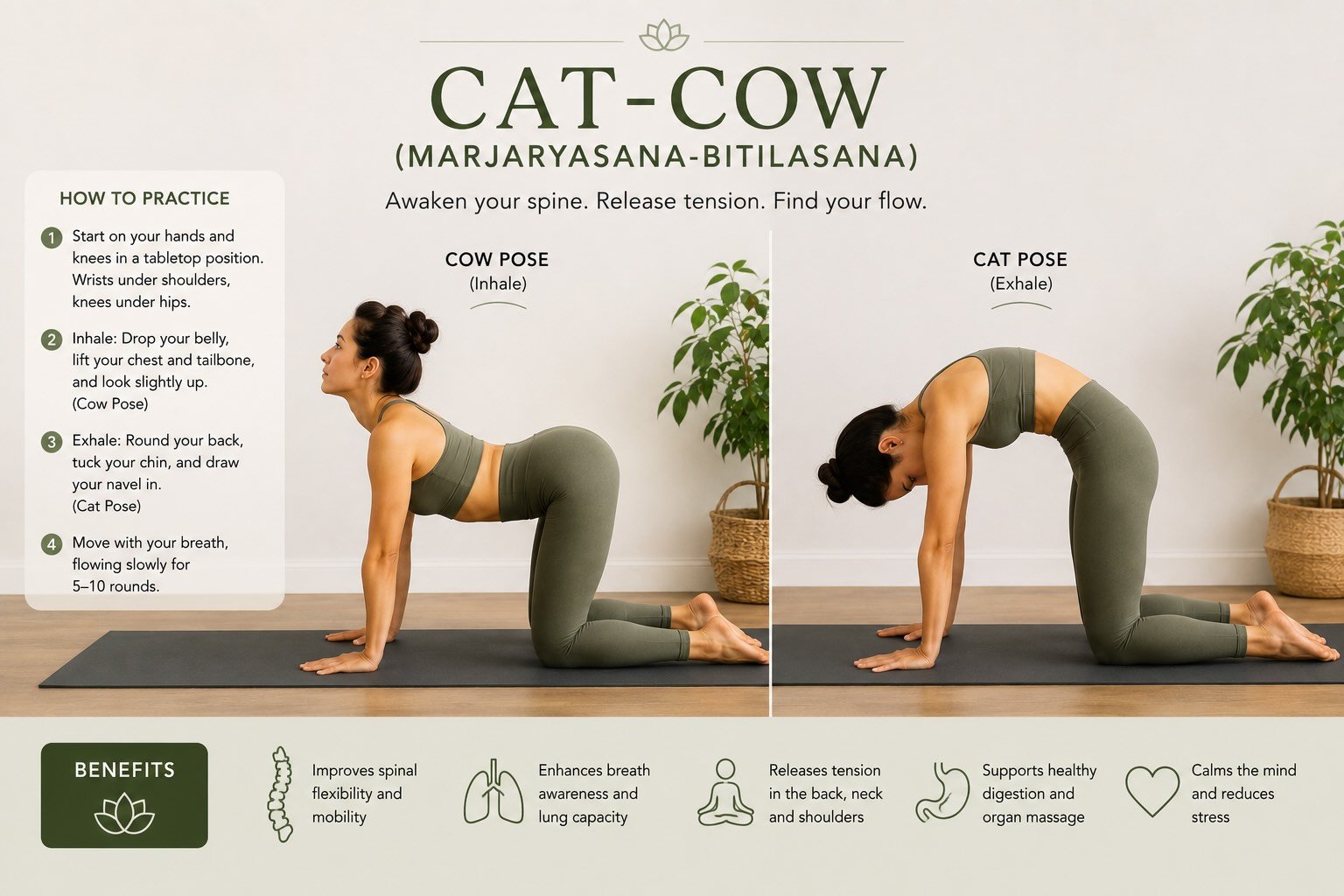 Woman demonstrating the Cat-Cow yoga sequence (Marjaryasana-Bitilasana) on a yoga mat to improve spinal mobility, relieve back tension, and increase flexibility through mindful breathing