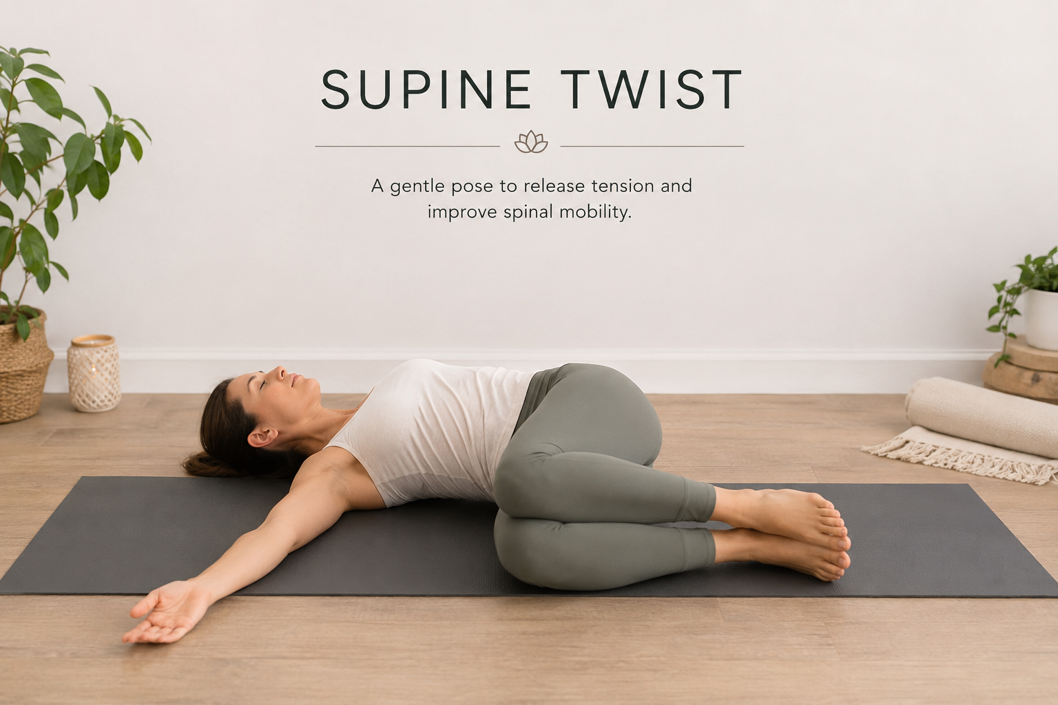 Woman demonstrating the Supine Twist yoga pose on a yoga mat to improve spinal mobility, relieve lower back tension, and promote relaxation after a yoga workout.