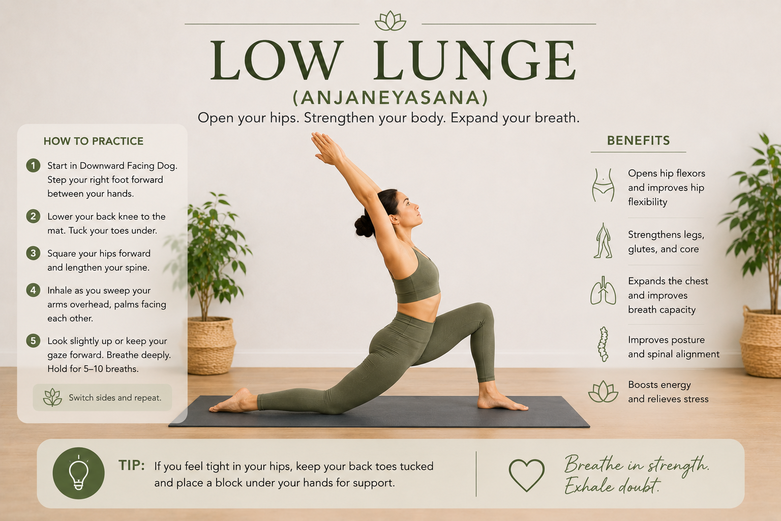 Woman performing Low Lunge (Anjaneyasana) yoga pose on a yoga mat to stretch the hip flexors, strengthen the legs, improve posture, and increase flexibility.