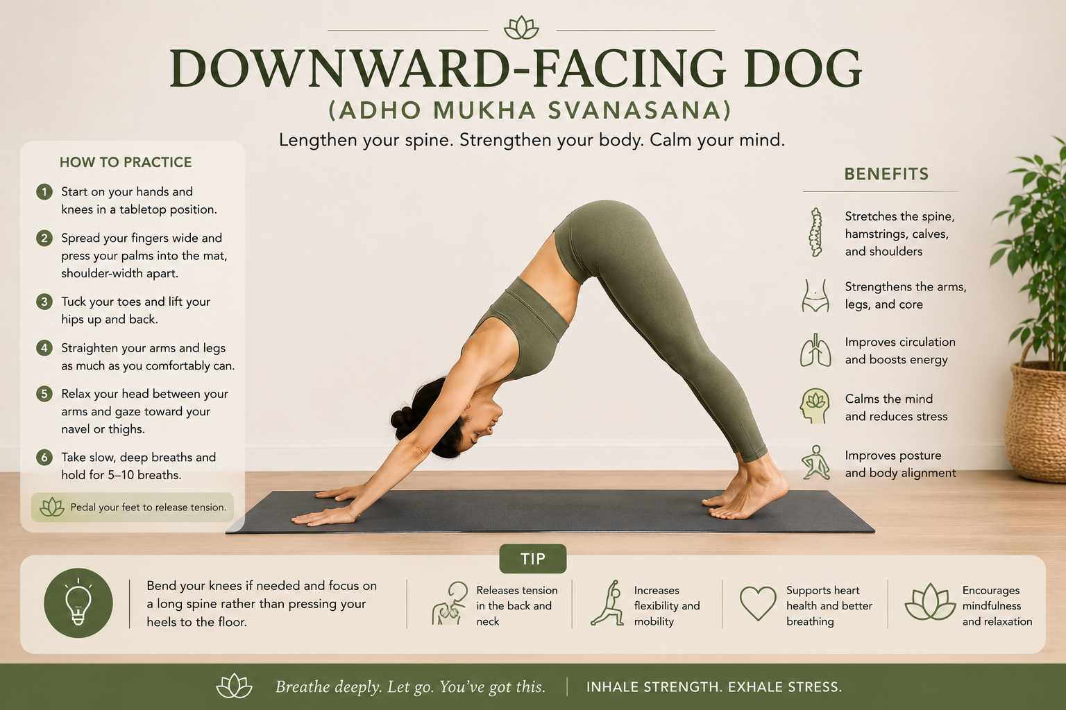 Woman demonstrating Downward-Facing Dog (Adho Mukha Svanasana) yoga pose on a mat to stretch the spine, strengthen the body, improve flexibility, and promote relaxation.