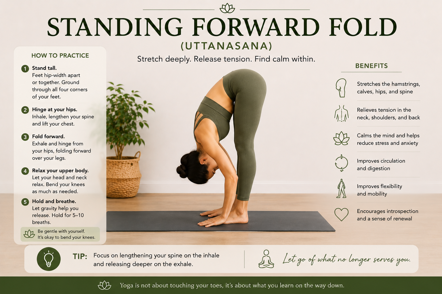 Woman performing Standing Forward Fold (Uttanasana) yoga pose on a mat to stretch the hamstrings, spine, and hips while promoting relaxation and flexibility.