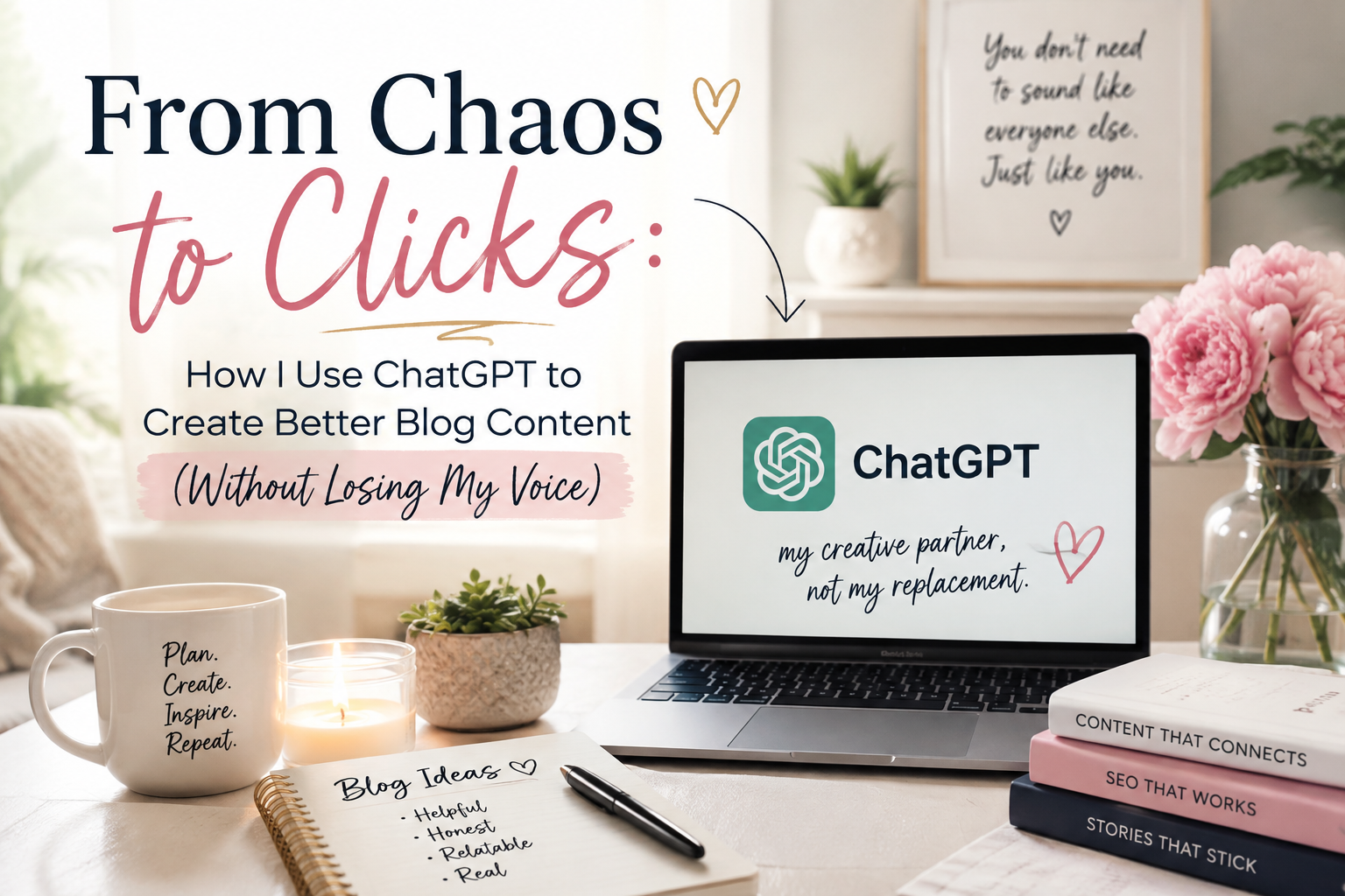 Home office workspace featuring ChatGPT on a laptop with the title "From Chaos to Clicks: How I Use ChatGPT to Create Better Blog Content (Without Losing My Voice)," illustrating how AI helps bloggers create authentic content.