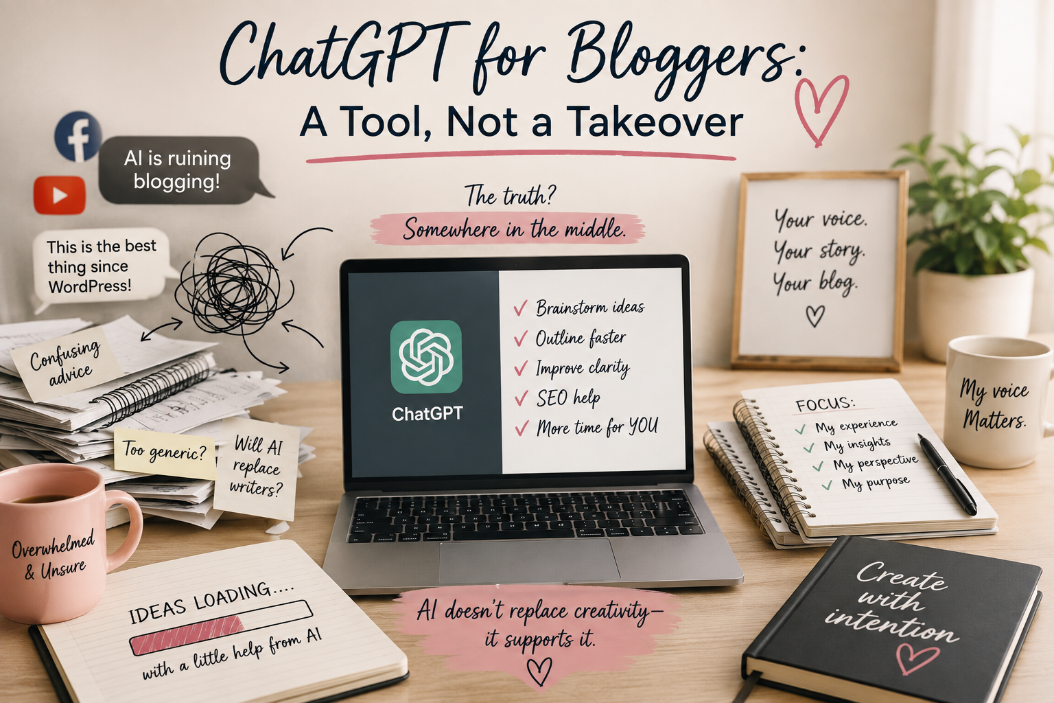 Illustration showing how ChatGPT for bloggers supports brainstorming, content planning, SEO, and organization without replacing a blogger's unique voice or creativity.