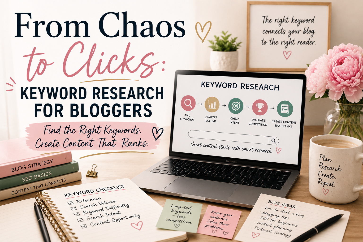 Cozy blogging workspace illustrating keyword research for bloggers with a laptop showing a keyword research workflow, notebook checklist, coffee, and the title "From Chaos to Clicks: Keyword Research for Bloggers."