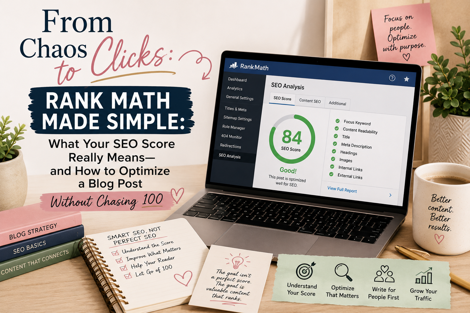 Featured image explaining the Rank Math SEO score and how bloggers can optimize a blog post without chasing a perfect score of 100.