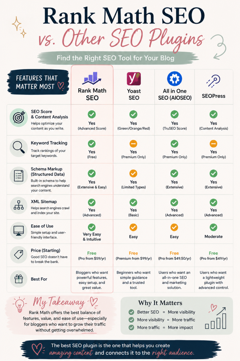 Infographic comparing Rank Math vs other SEO plugins, including Yoast SEO, AIOSEO, and SEOPress, across content analysis, keyword tracking, schema, sitemaps, ease of use, and pricing.