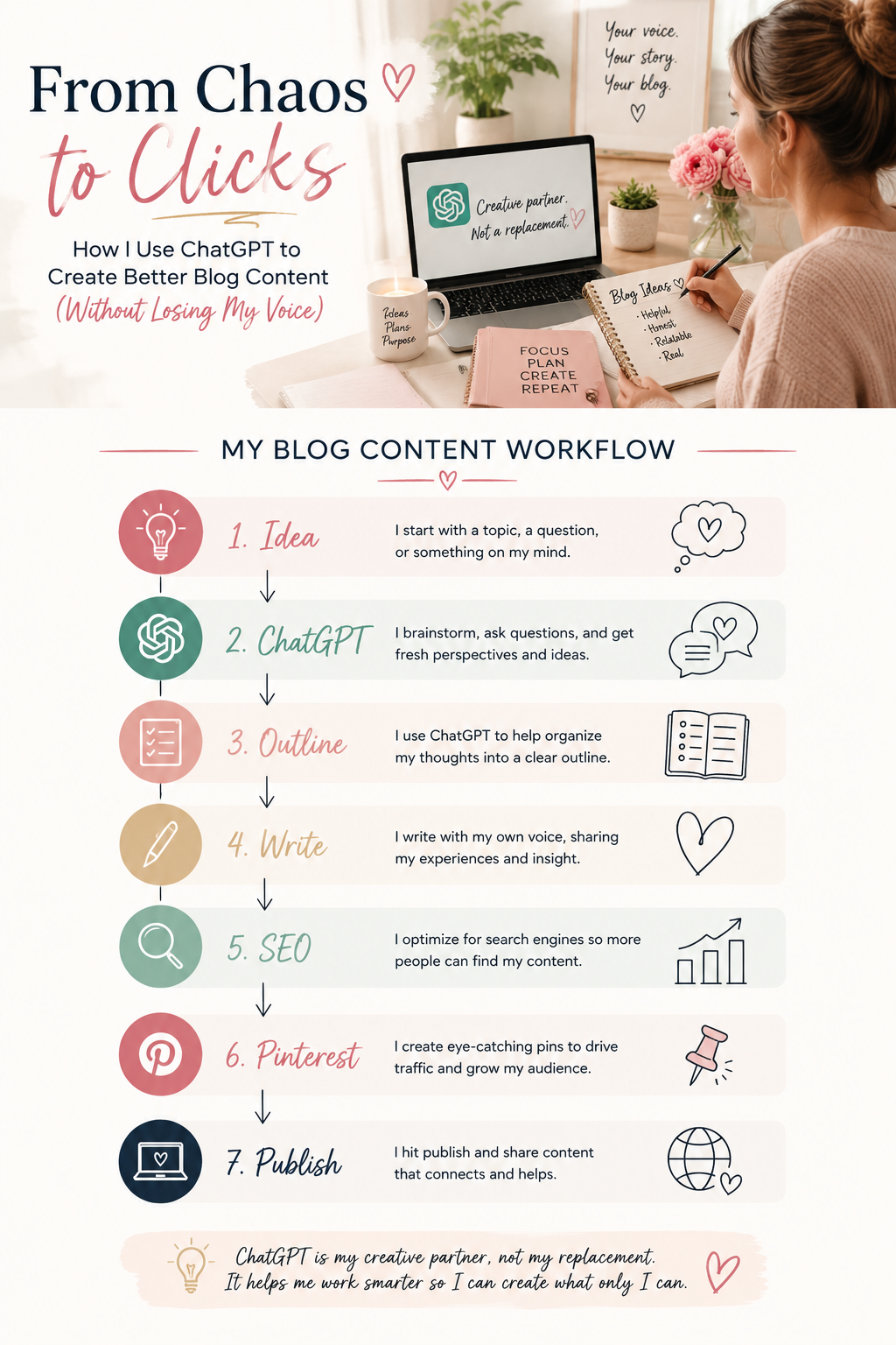 Infographic showing a ChatGPT for bloggers workflow from idea generation and outlining to writing, SEO, Pinterest, and publishing while maintaining an authentic writing voice.