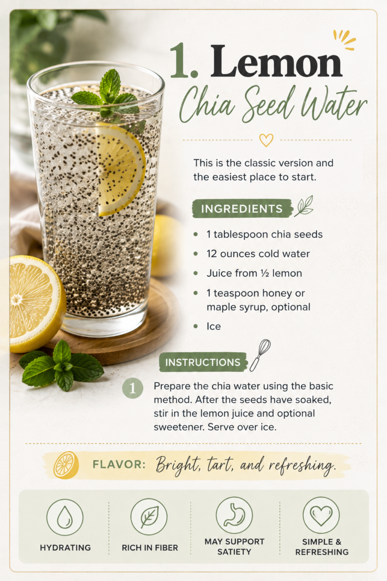 Lemon chia seed water recipe made with chia seeds, cold water, fresh lemon juice, optional honey or maple syrup, and ice.