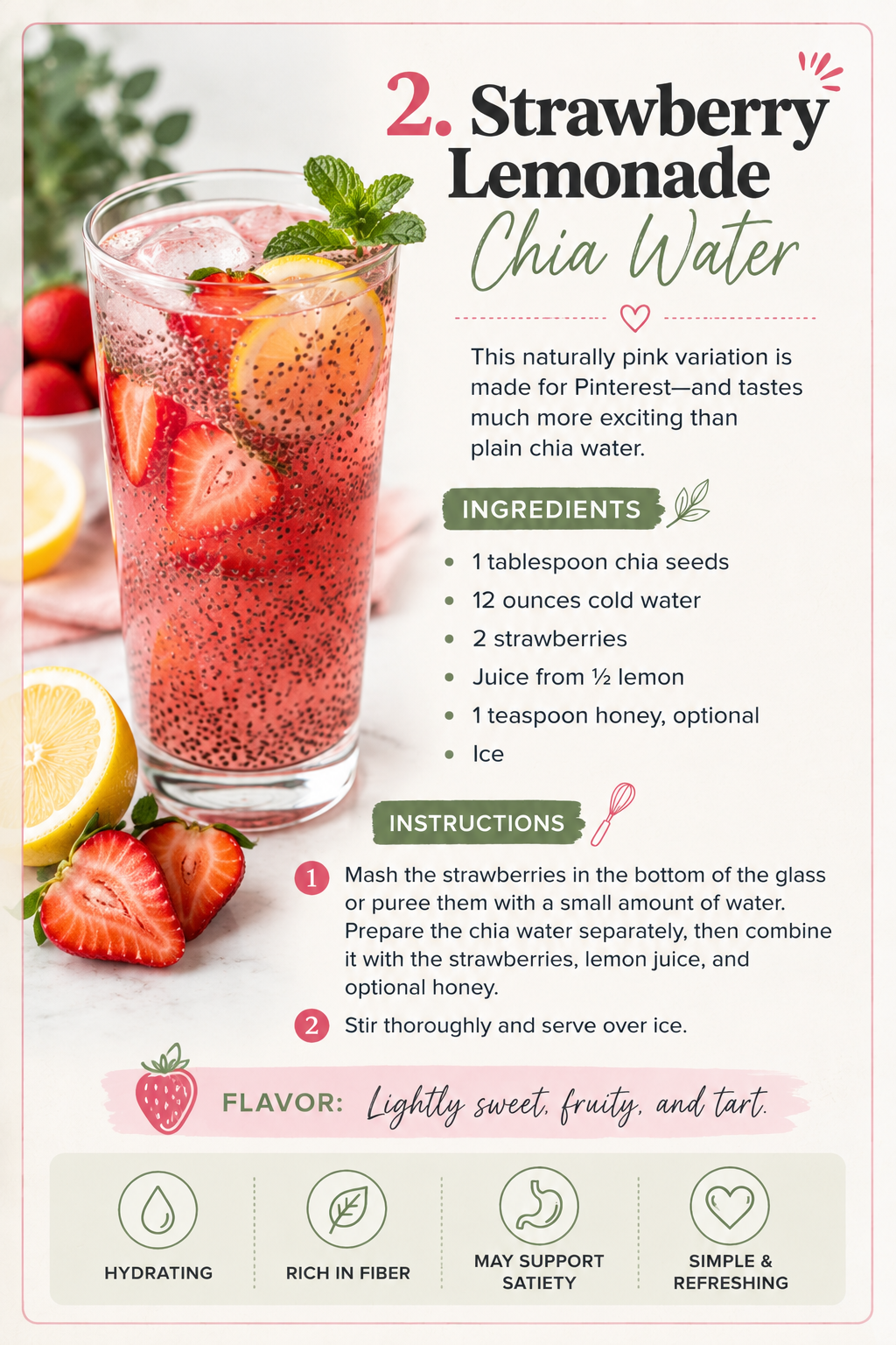 Strawberry lemonade chia water made with chia seeds, fresh strawberries, lemon juice, cold water, and optional honey.