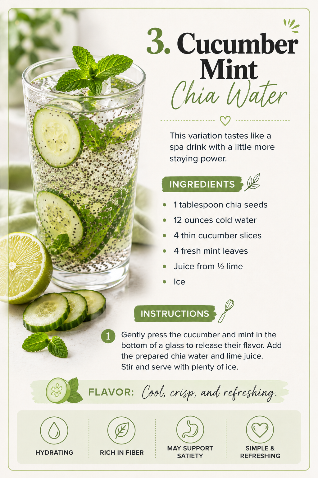 Cucumber mint chia water recipe made with chia seeds, cucumber slices, fresh mint, lime juice, cold water, and ice.