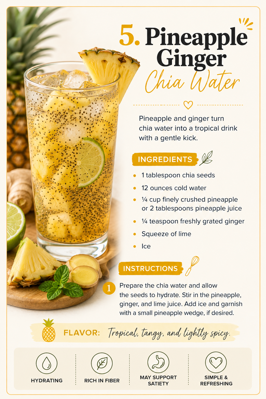 Pineapple ginger chia water made with chia seeds, fresh pineapple, grated ginger, lime, cold water, and ice.