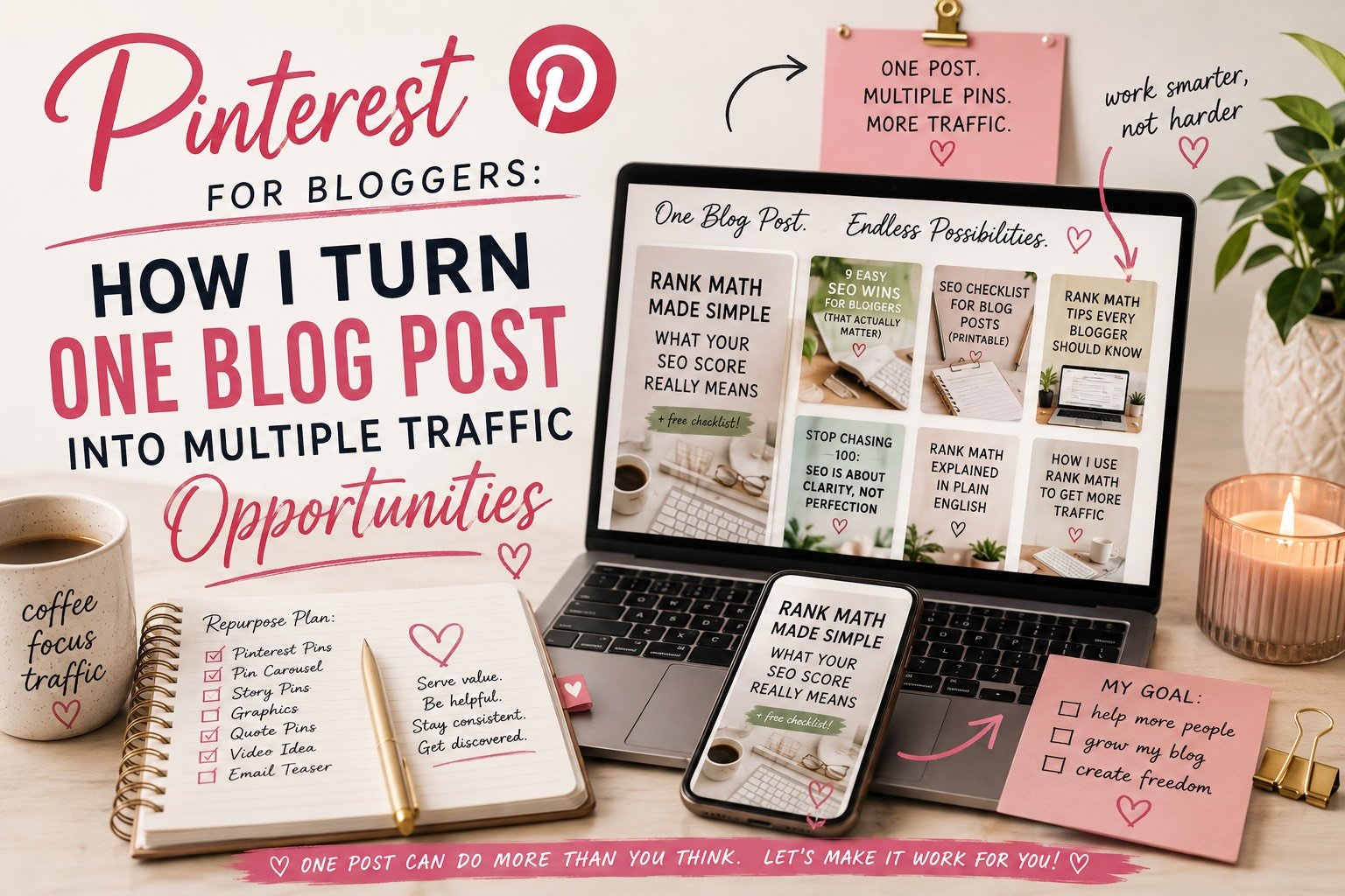 Featured image for Pinterest for bloggers showing how one blog post can be repurposed into multiple Pinterest pins and traffic opportunities.