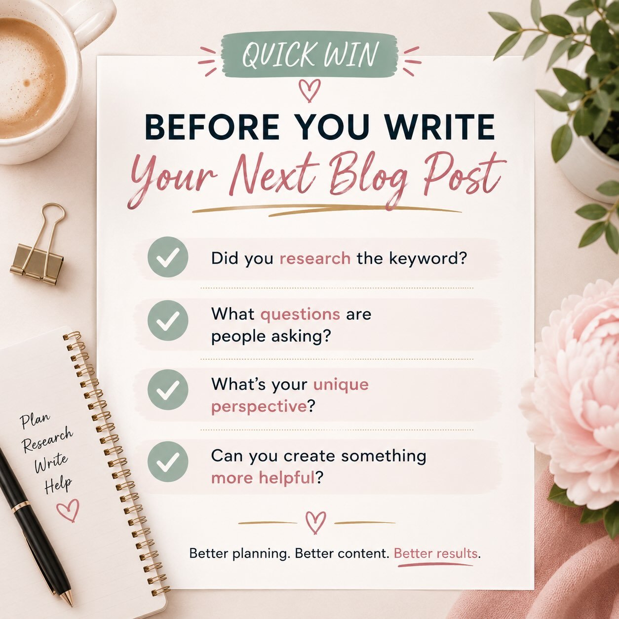 Keyword Research for Bloggers: Checklist infographic for bloggers with four questions to ask before writing a blog post, including keyword research, audience questions, unique perspective, and creating more helpful content.
