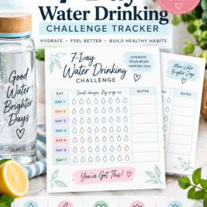 Free printable 7-day water drinking challenge tracker for tracking daily water intake and building a hydration habit.