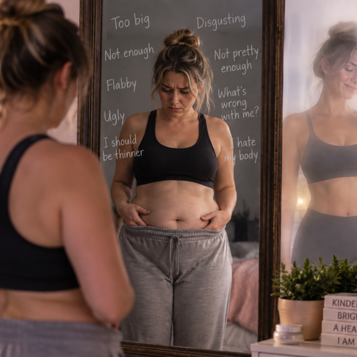 Woman struggling with body image while looking at her reflection in a mirror