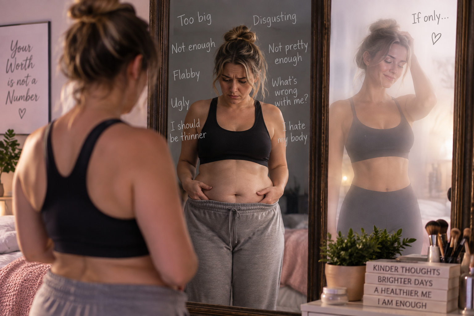 Woman struggling with body image while looking at her reflection in a mirror
