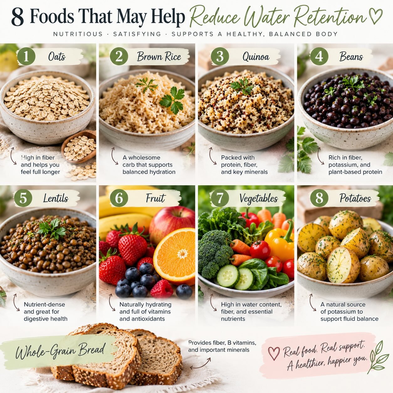 Collage of oats, brown rice, quinoa, beans, lentils, fruit, vegetables, potatoes, and whole-grain bread for an article about water retention.