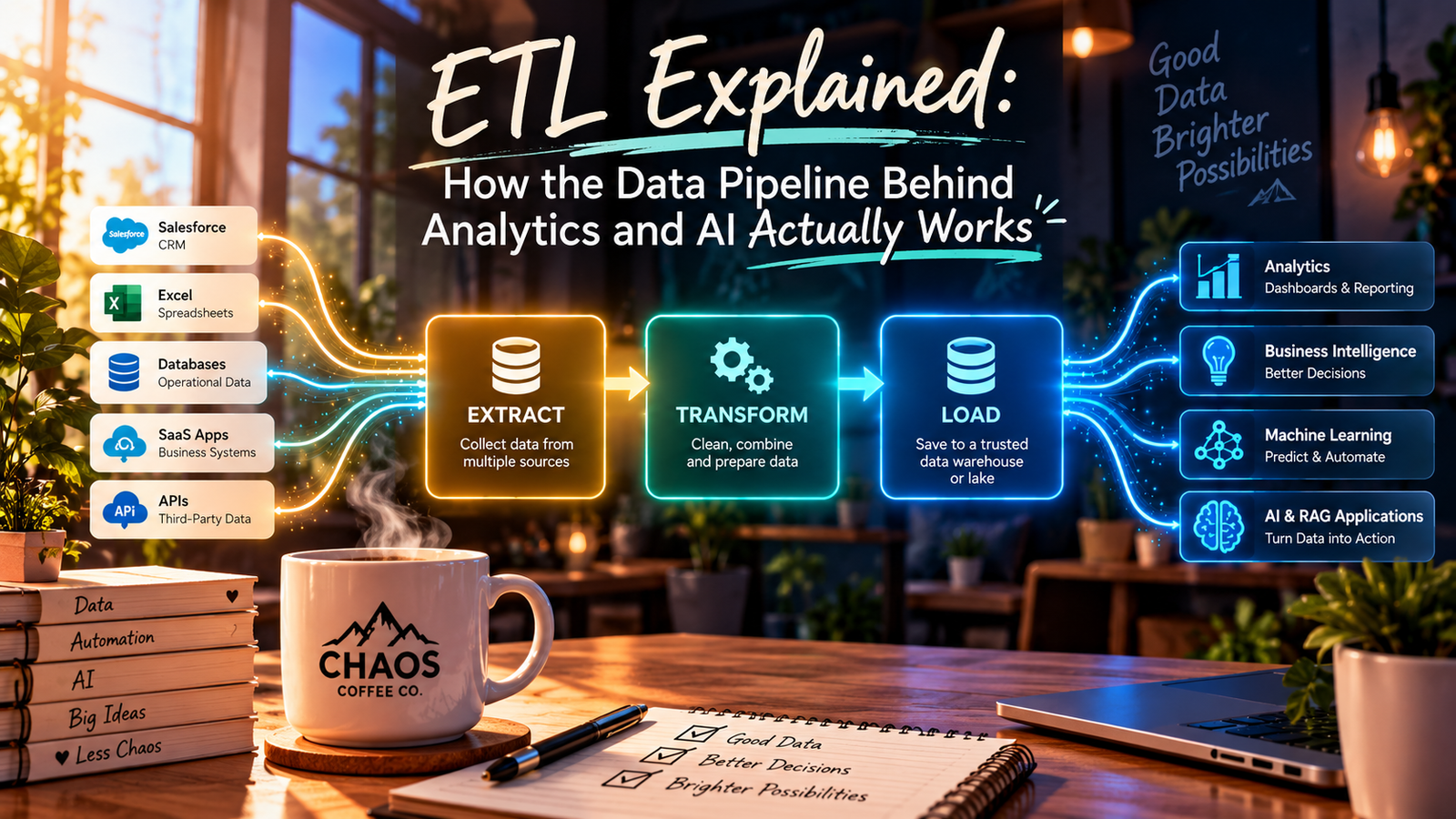 ETL pipeline showing extract, transform and load connecting business data sources to analytics, machine learning and AI