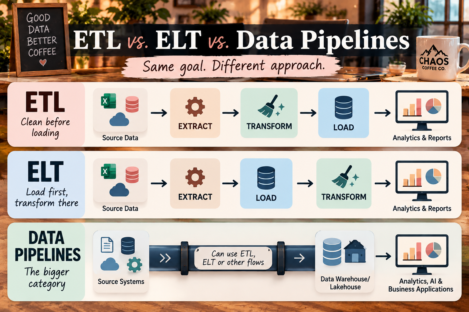 ETL vs ELT infographic comparing extract transform load, extract load transform, and data pipelines