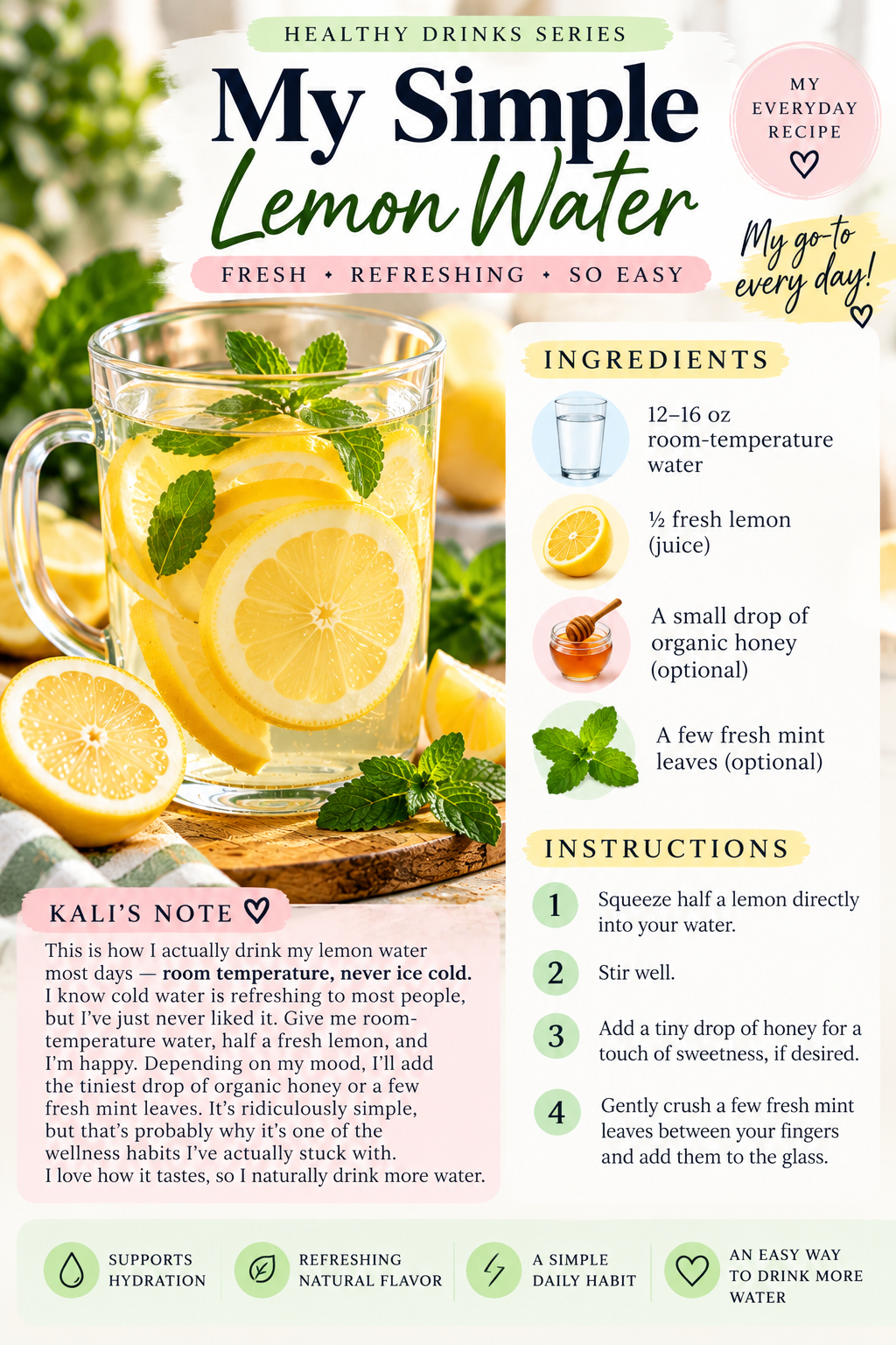Simple lemon water recipe made with room-temperature water, half a fresh lemon, optional honey, and fresh mint