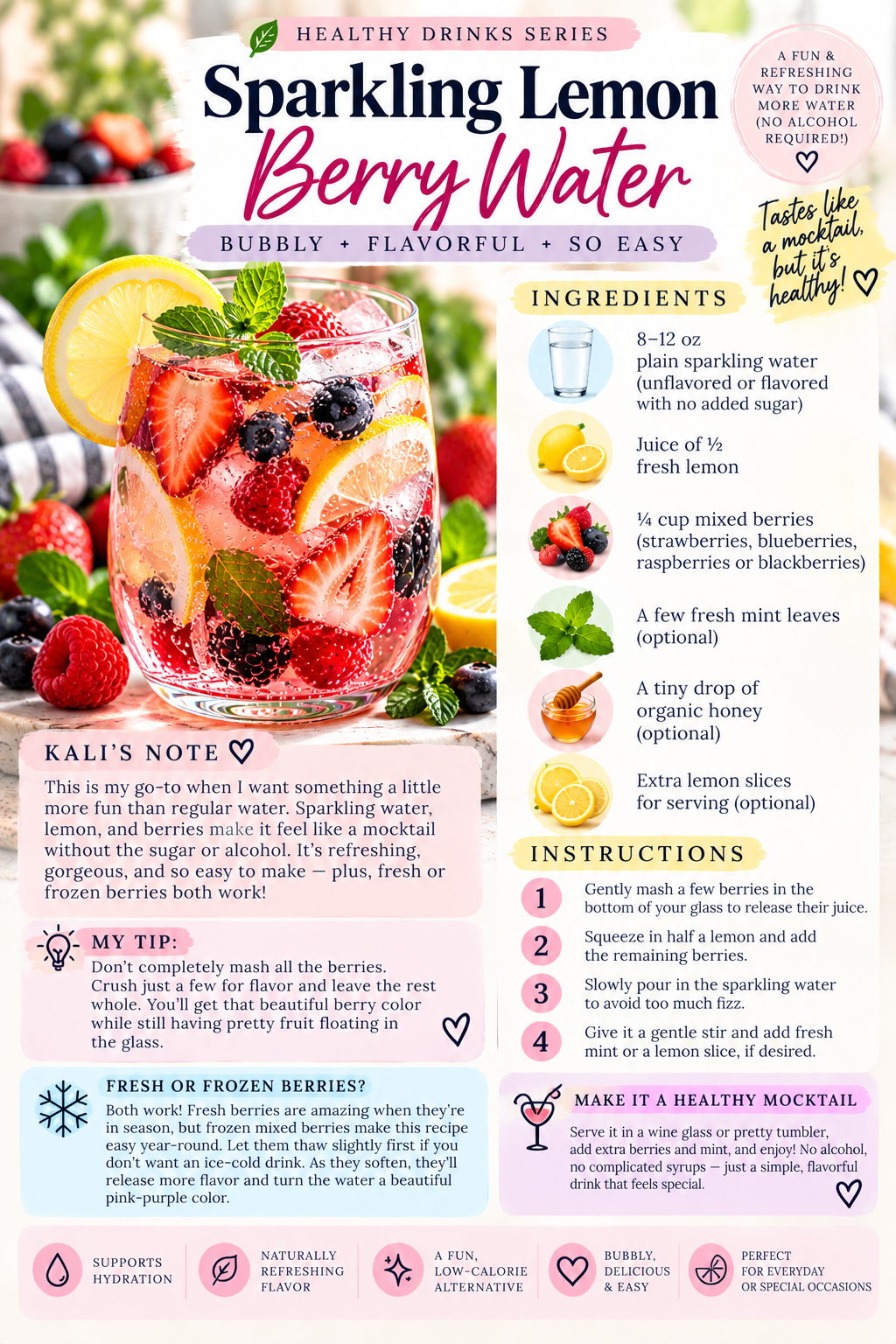 Sparkling lemon berry water recipe with fresh berries, lemon, mint, and sparkling water