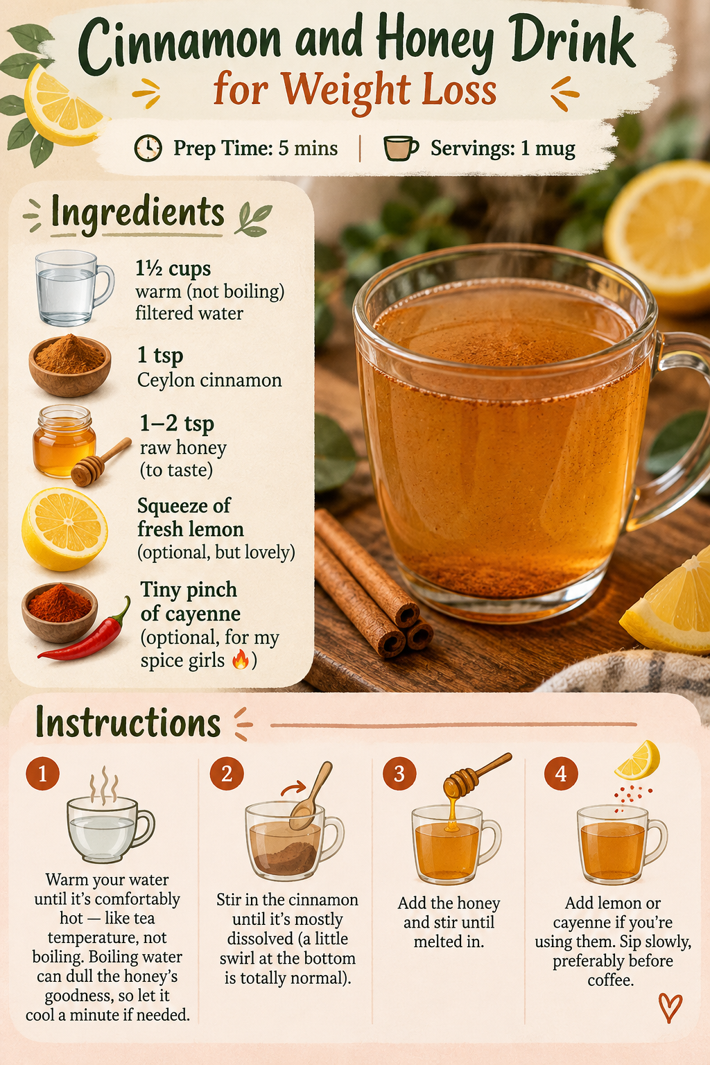 Cinnamon and honey drink for weight loss made with warm water, Ceylon cinnamon, raw honey, and optional fresh lemon.