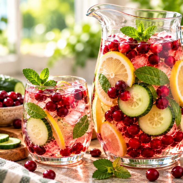 Cranberry detox water recipe with fresh cranberries, lemon, cucumber and mint in a glass pitcher.