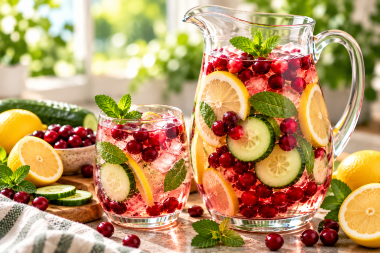 Cranberry detox water recipe with fresh cranberries, lemon, cucumber and mint in a glass pitcher.